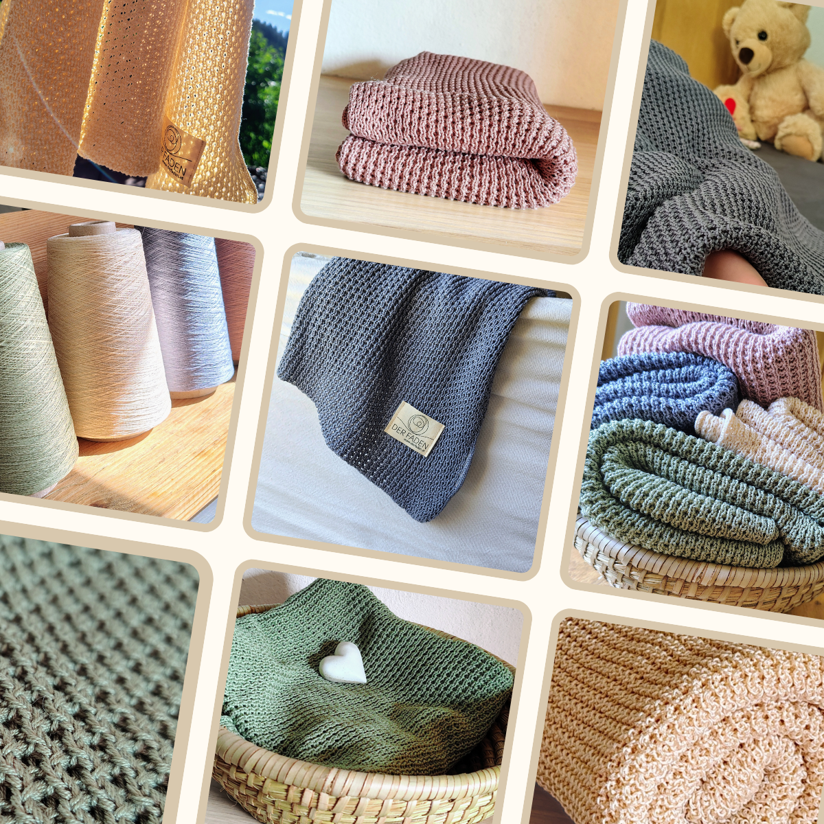 Kollage mit sommerlichen Babydecken aus 100% Baumwolle, gestrickt in Kärnten